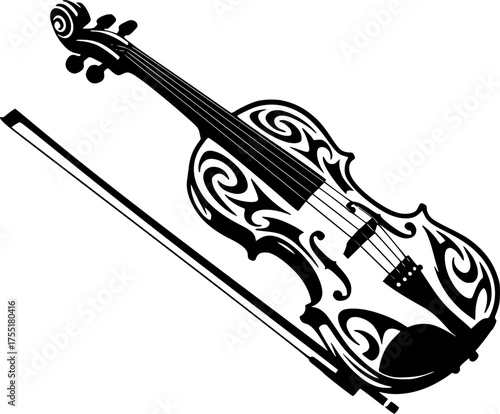 Stylized black silhouette of a violin with a bow and abstract tribal elements isolated on white background
