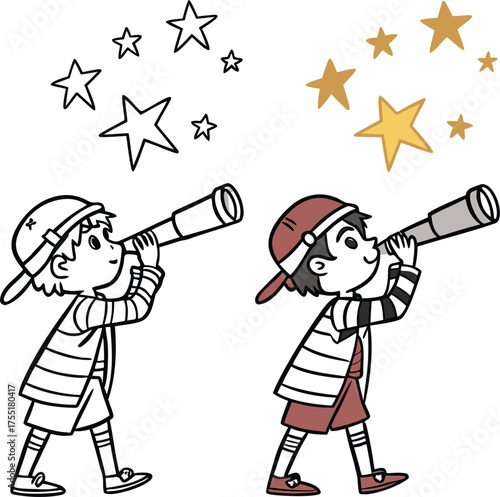 Young astronomer gazes at starry night sky through telescope isolated on transparent background