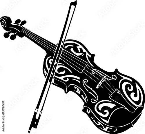Stylized black silhouette of a violin with a bow and abstract tribal elements isolated on white background
