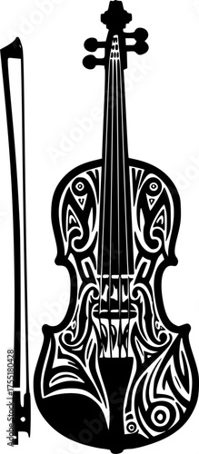 Stylized black silhouette of a violin with a bow and abstract tribal elements isolated on white background
