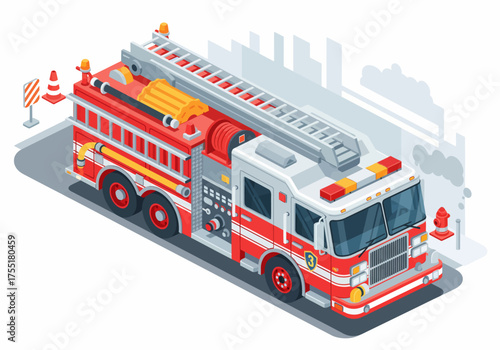 Isometric red fire truck emergency vehicle illustration on a city street