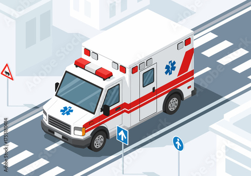 Isometric illustration of an ambulance emergency vehicle driving on a city street