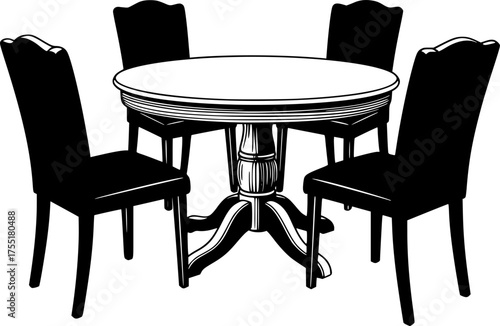 Elegant round dining table with four chairs in a classic silhouette style isolated on white background
