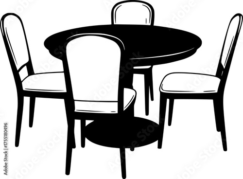 Elegant round dining table with four chairs in a classic silhouette style isolated on white background
