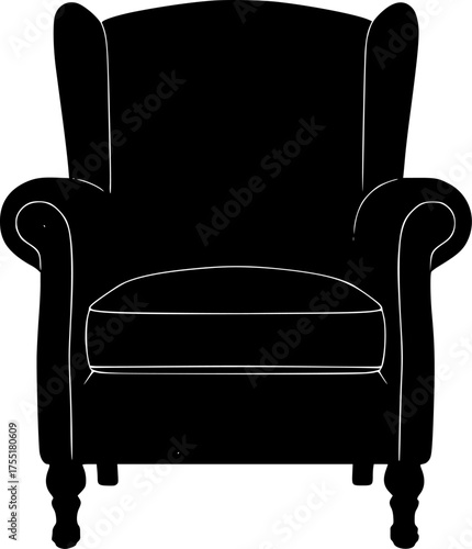 Classic wingback armchair silhouette with plaid detail isolated on white background
