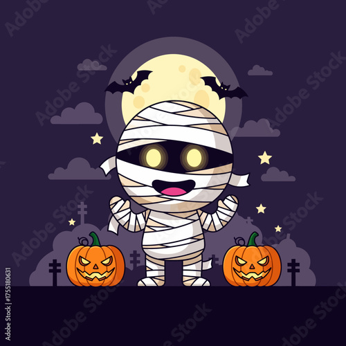 Cute Mummy Character in Halloween Night Illustration