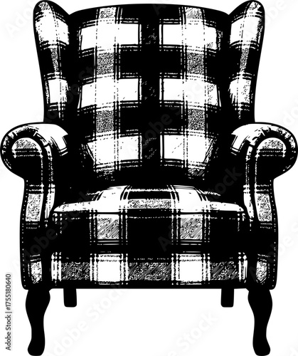 Classic wingback armchair silhouette with plaid detail isolated on white background
