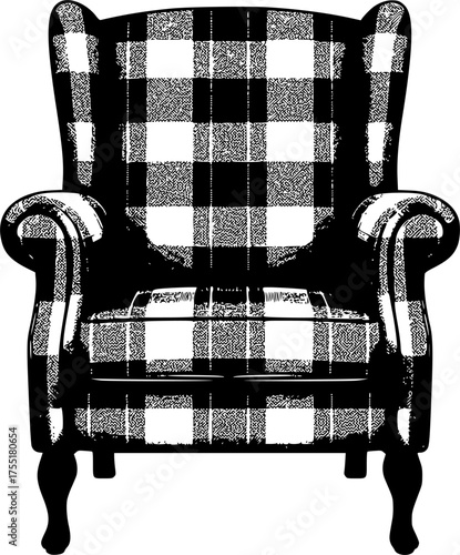 Classic wingback armchair silhouette with plaid detail isolated on white background
