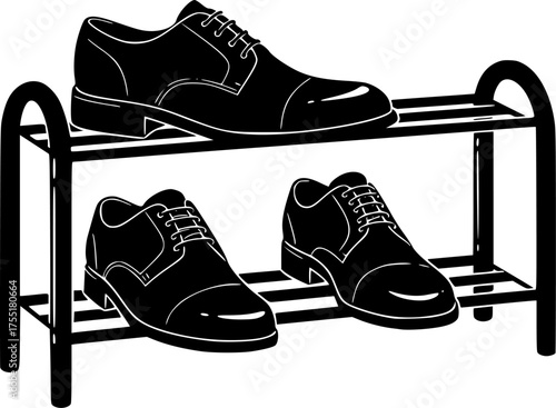 Two pairs of black shoes on a two tier shoe rack with a clean white background silhouette isolated on white background
