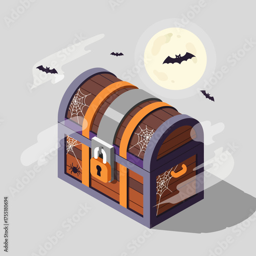 Spooky Halloween Treasure Chest with Bats and Spiderwebs Under a Full Moon