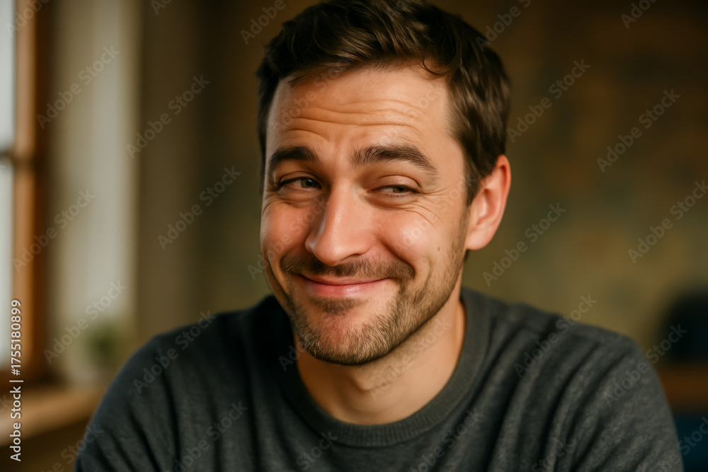 Fototapeta premium Smiling young man with playful expression in cozy indoor setting