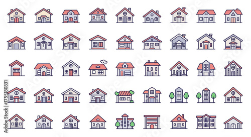 Collection of vector house icons in modern line art style with pastel colors. Includes various home designs such as cottages, suburban houses, and apartments for real estate or architecture themes.