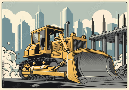 Yellow bulldozer working at a construction site in a city