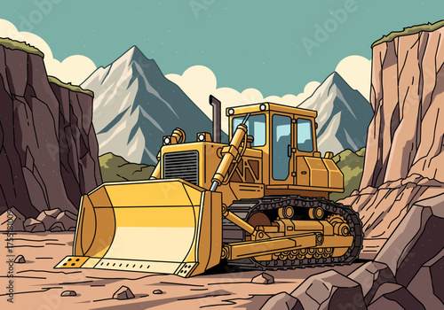 Illustration of a yellow bulldozer at a construction site in a rocky mountain quarry
