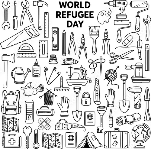 World Refugee Day vector illustration: a collection of tools, crafts, and travel essentials symbolizing skills, resilience, and the journey of refugees.