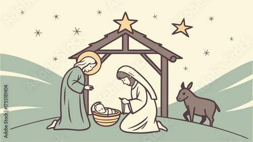 Nativity scene illustration of baby jesus mary joseph and donkey christmas holiday vector drawing art 100