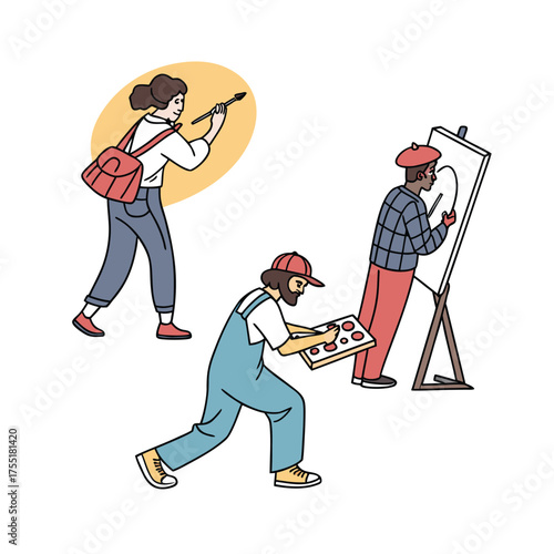 Artists create art inspired by music and nature outdoors on black isolated on transparent background