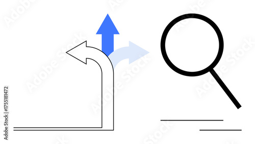 Curved arrow splitting into two directions with emphasis on upward progress and adjacent magnifying glass. Ideal for decision-making, problem-solving, exploration, strategy, choice, research, simple