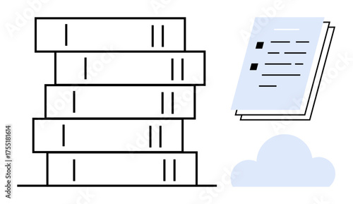 Stack of books next to floating documents and cloud icon symbolizing knowledge storage, education, digital transformation, innovation, learning materials, online accessibility, simple flat metaphor