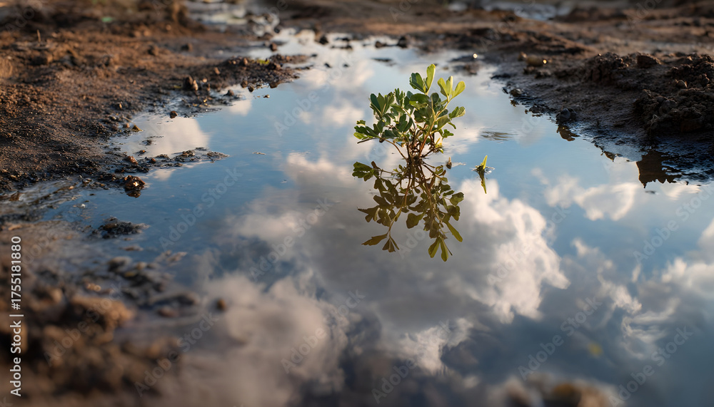 Fototapeta premium Mirror reflecting the sky on newly planted sprout landscape outdoors nature.