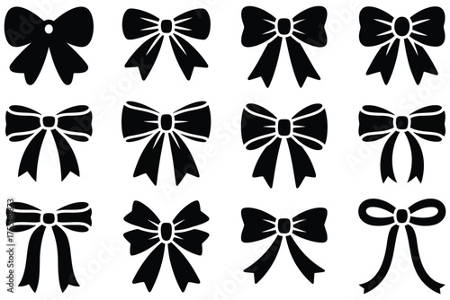 Ribbon bow silhouette icons, isolated vector design, ideal for gift wrapping, festive packaging, wedding decor, craft projects, and elegant fashion illustration.