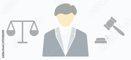 Justice, judge, lawyer, defender, law, court, legislation, hearing, balance of scales, police, public speaking, profession, agreement. Set, vector, symbol, illustration, hammer