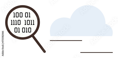 Magnifying glass inspecting binary data alongside a cloud, representing data storage, processing, and digital research. Ideal for technology, cybersecurity, cloud computing, data management, coding