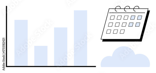 Bar graph with vertical columns, calendar with spiral edges, and cloud icon. Ideal for business data, performance tracking, analytics, planning, scheduling productivity teamwork. Simple flat