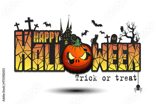 Happy Halloween. Trick or treat. Bowling ball inside frightening pumpkin. Pattern for banner, poster, greeting card, invitation. Vector illustration on an isolated background