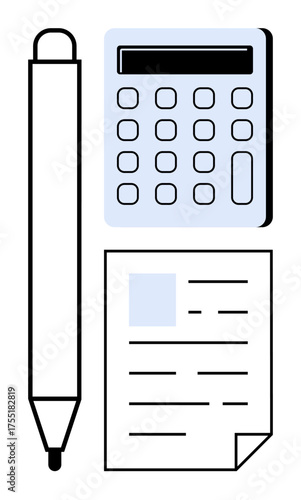 Pen beside calculator and formal document symbolizing calculation, record-keeping, and management. Ideal for finance, accounting, organization, education, business, administration productivity