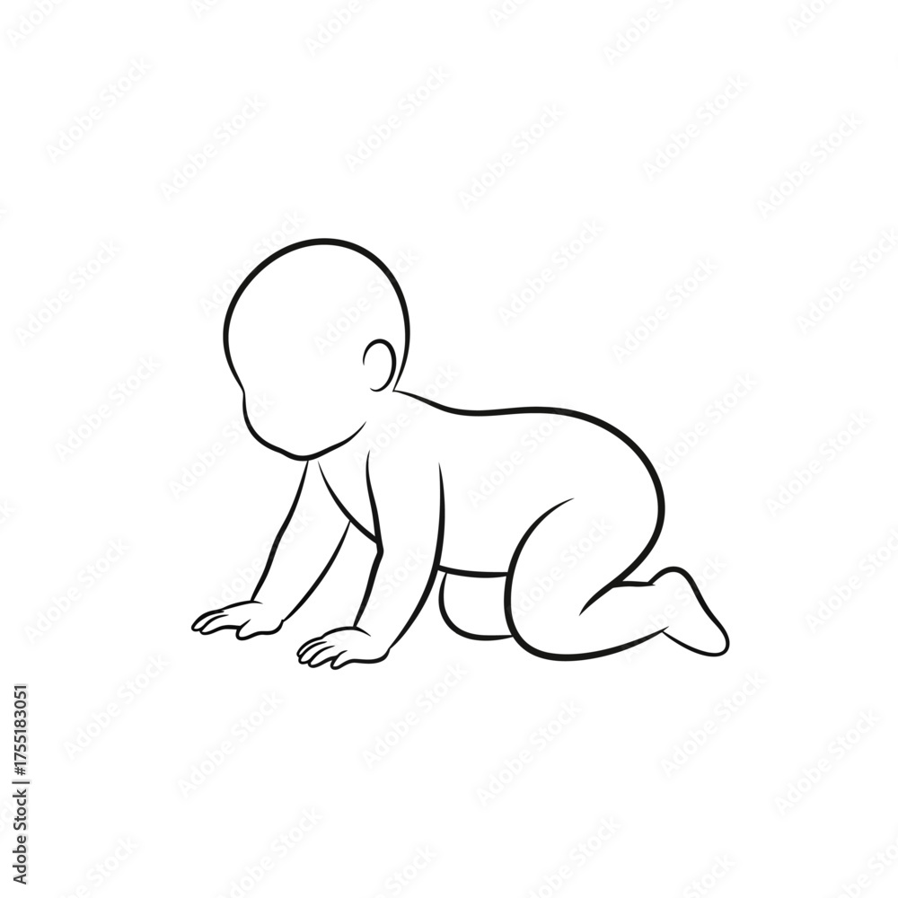 Obraz premium Baby Crawling in Diaper Outline Side View Line Art Illustration