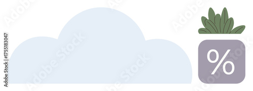 Large cloud shape beside a plant in a pot featuring a percent sign. Ideal for growth, sustainability, digital storage, technology, eco-friendly concepts, data processing, simple flat metaphor