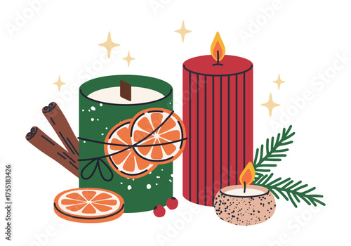Christmas candles decor. Cartoon wax candles, cozy atmosphere aroma candles flat vector illustration. Home interior decoration