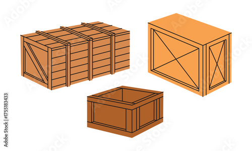 Cartoon wooden boxes. Cargo shipping wooden box, delivery package chests flat vector illustration set. Wood delivery package