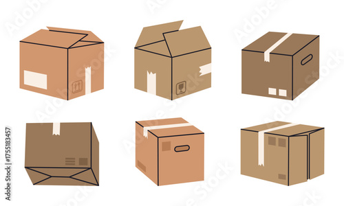 Closed cardboard boxes. Cartoon cargo boxes, carton warehouse boxes flat vector illustration set. Hand drawn delivery or moving containers on white