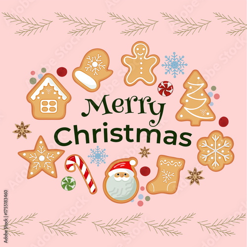 Cute Merry Christmas greeting with festive Gingerbread cookies, Santa, snowflakes, candy cane, and holiday decor on a pastel background. Perfect for cards, wrapping, posters, or invitations.