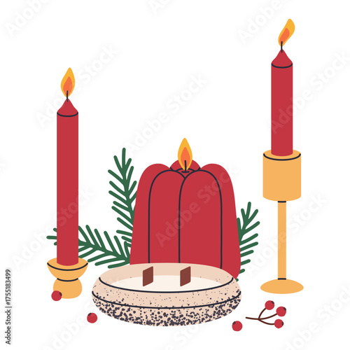 Scented xmas candles. Christmas wax candles with festive decorations, aroma wax candle for holiday home decor flat vector illustration. Cartoon winter holidays aromatic candles