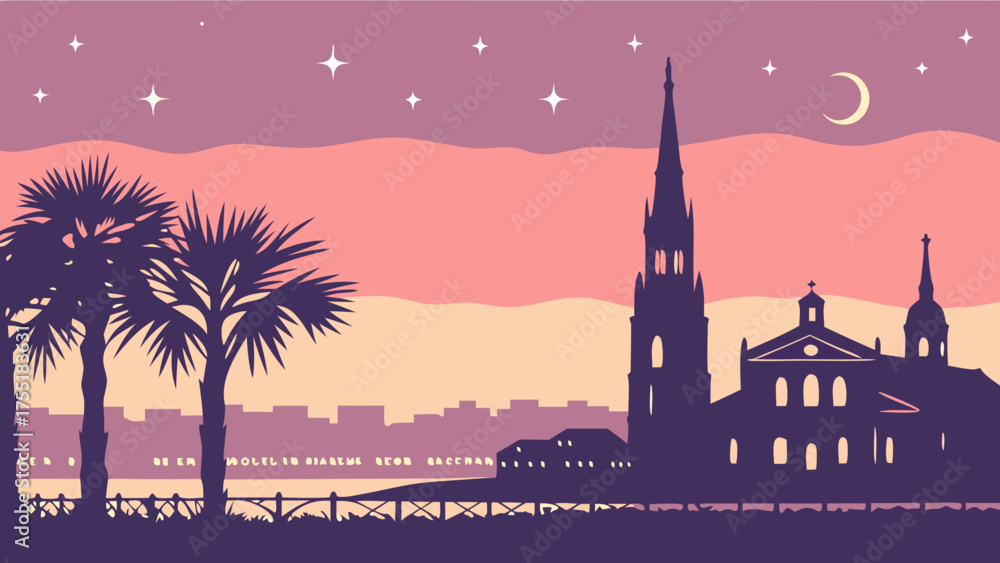 Naklejka premium Charleston skyline vector silhouette artwork depicting south carolinas cityscape with church steeple and palms. Suitable for travel and tourism designs.