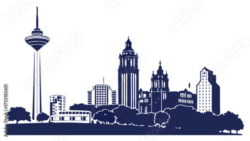 Charleston skyline vector art showcasing verdant trees and notable buildings, perfect for citythemed designs, postcards, and travel promotions.