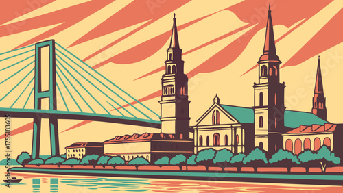 Charleston skyline features riga latvias bridge and cathedral silhouettes. Suitable for travel posters, city guides, and historical illustrations.