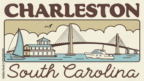 Charleston skyline vector featuring the south carolina bridge, sailboat, and buildings. Suitable for travel websites, city guides, and postcards.