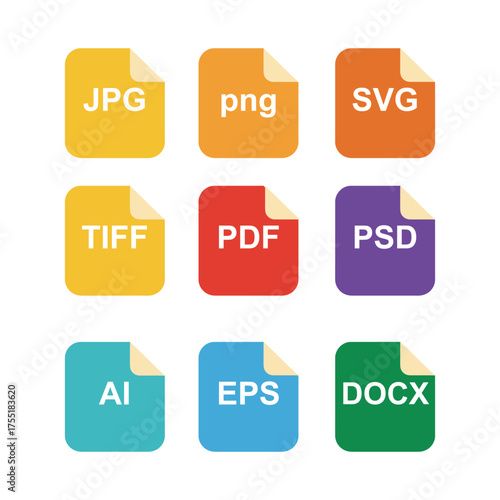 Common File Format Icons type jpg png svg tiff pdf psd ai eps docx document image vector graphic illustration computer software