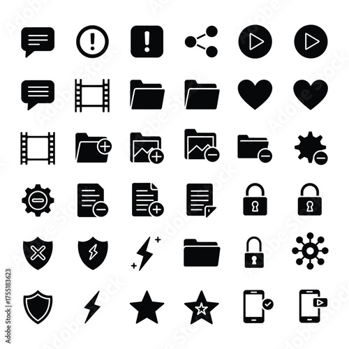 Collection of Glyph Icons symbol interface web design message alert share play video film folder heart setting document lock shield