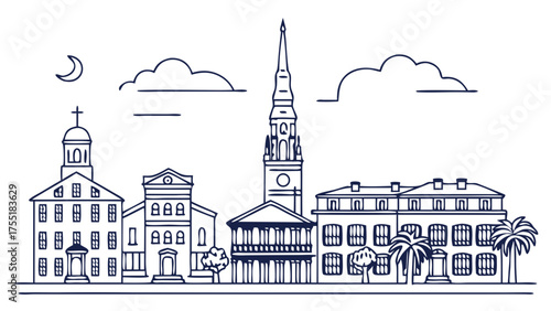 Charleston skyline vector depicting iconic buildings and palm trees in south carolina. Suitable for travel brochures, postcards, website banners.