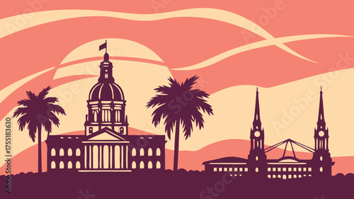 Charleston skyline vector highlights its iconic charm suitable for travel guides, postcards, banners, and promotional materials.