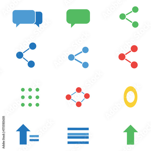 Colorful Set of Web Icons and Symbols ui design interface chat bubble share network grid menu arrow navigation communication message