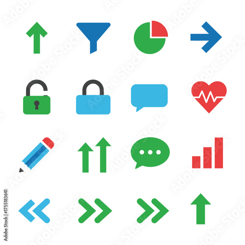 Set of colorful flat design vector icons arrow lock chart symbol web graphic up down left right filter pie heart pencil
