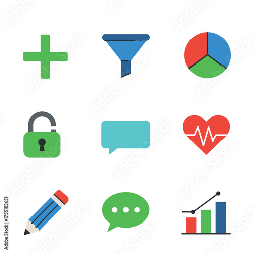 Set of colorful business and medical icons plus sign funnel pie chart lock speech bubble heart pencil bar graph symbol graphic design
