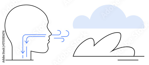 Outline of a human head illustrating airflow into the respiratory system, paired with a cloud and leaf symbolizing air and nature. Ideal for topics on respiration, health, environment, biology