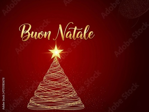 Handgemalte Weihnachtskarte mit einem Weihnachtsbaum und Frohe Weihnachten auf italienisch geschrieben.Buon Natale.Merry Christmas in italian.